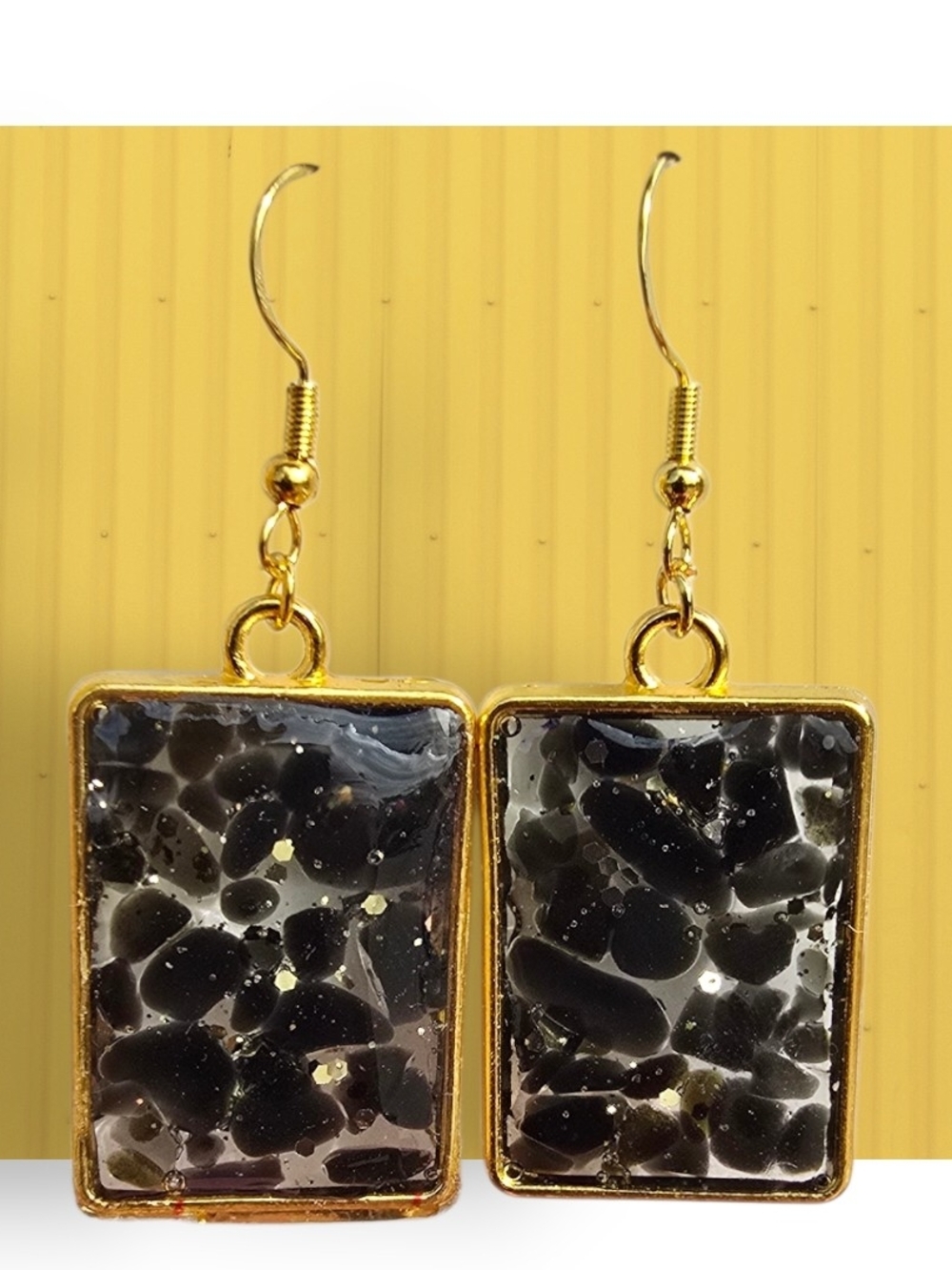 Gold Frame Black Obsidian Rectangle Dangle Earrings - Women Jewelry